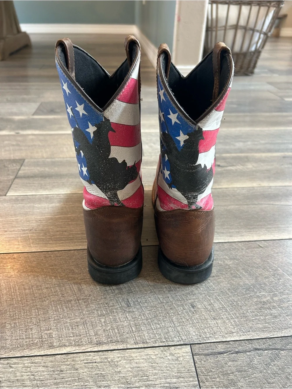 Dan Post Brown Boots with Red, White & Blue Flag design and bull rider